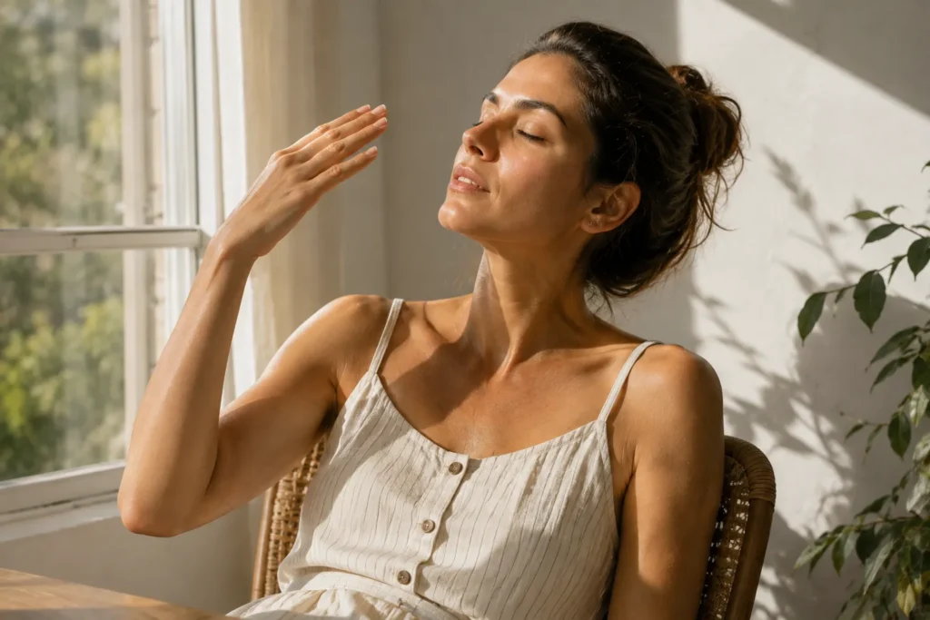 10 Skin Issues That May Reveal Hidden Problems 8 Woman fanning herself near a sunny window
