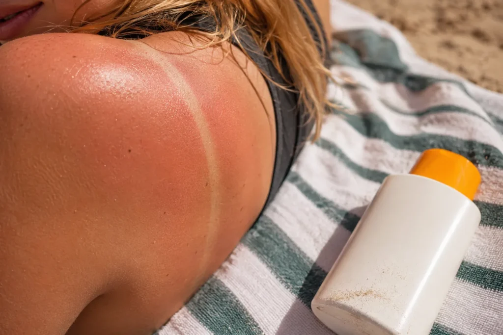12 Sunscreen Advertisement Tips for Better Results 2 Sunburned shoulders next to a bottle of sunscreen on a beach towel