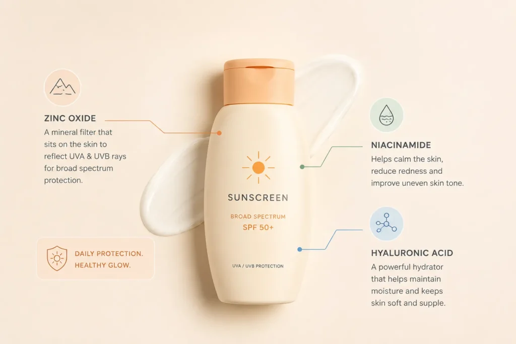 12 Sunscreen Advertisement Tips for Better Results 8 Infographic showing sunscreen ingredients like zinc oxide and niacinamide