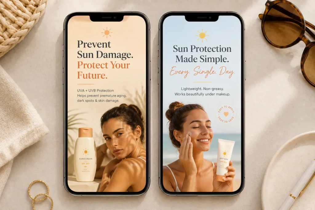 12 Sunscreen Advertisement Tips for Better Results 10 Two ad mockups comparing a prevention angle and a simplicity angle
