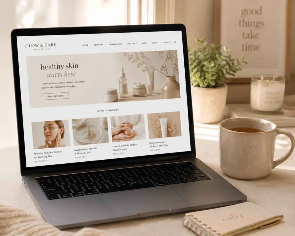 10 Beauty Business Ideas Perfect for Beauty Lovers 8 Laptop open to a skin care blog post with a warm cup of tea beside it
