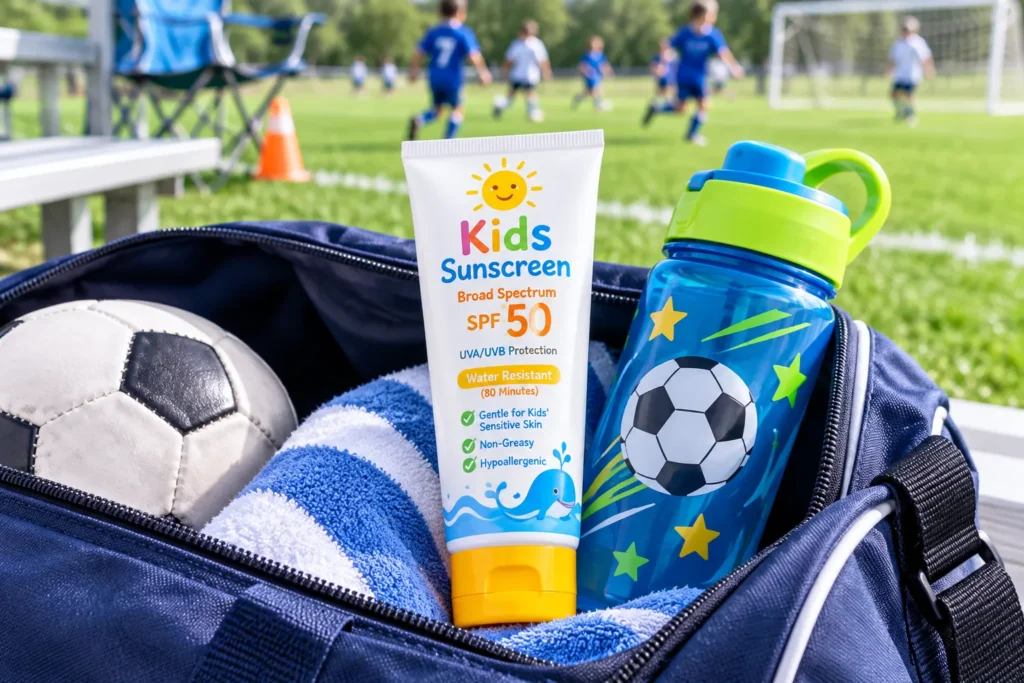 10 Kids Sunscreen Facts Every Parent Should Know 2 Kids sunscreen tube packed next to a water bottle in a sports bag