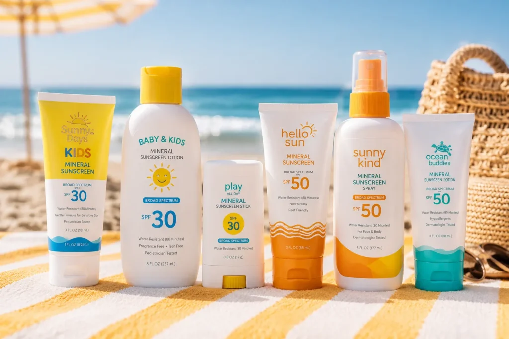 10 Kids Sunscreen Facts Every Parent Should Know 4 SPF 30 and SPF 50 kids sunscreen bottles on a beach towel