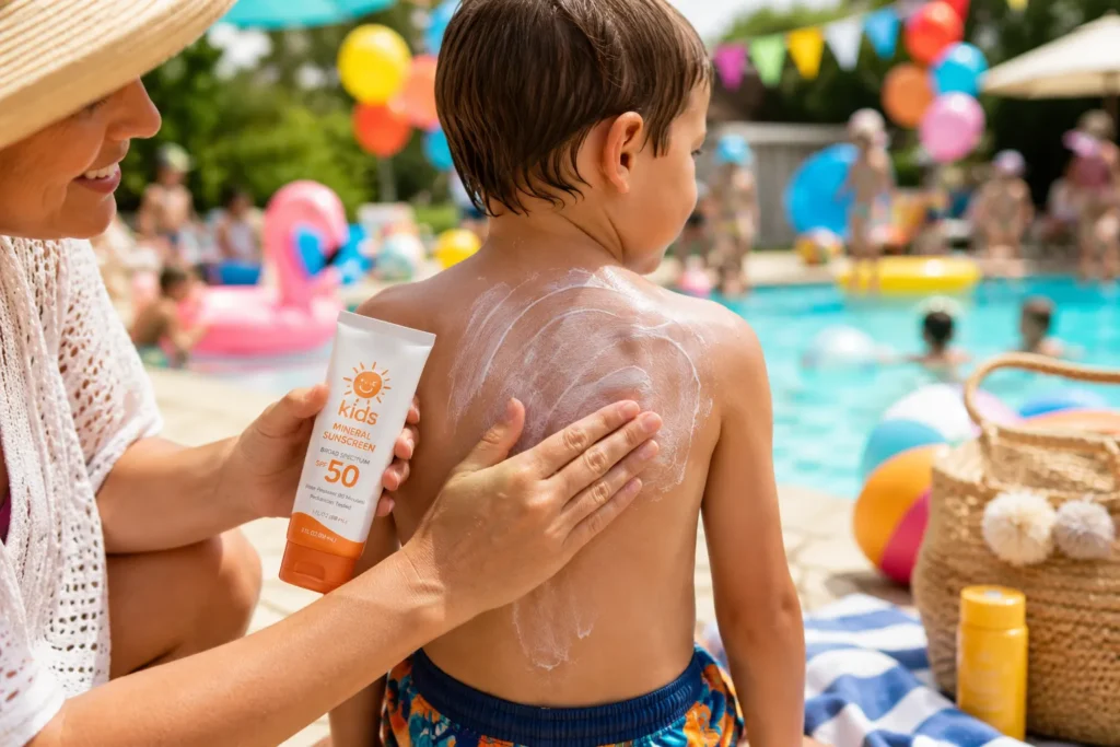 10 Kids Sunscreen Facts Every Parent Should Know 6 Parent reapplying sunscreen on a child's back at a pool party