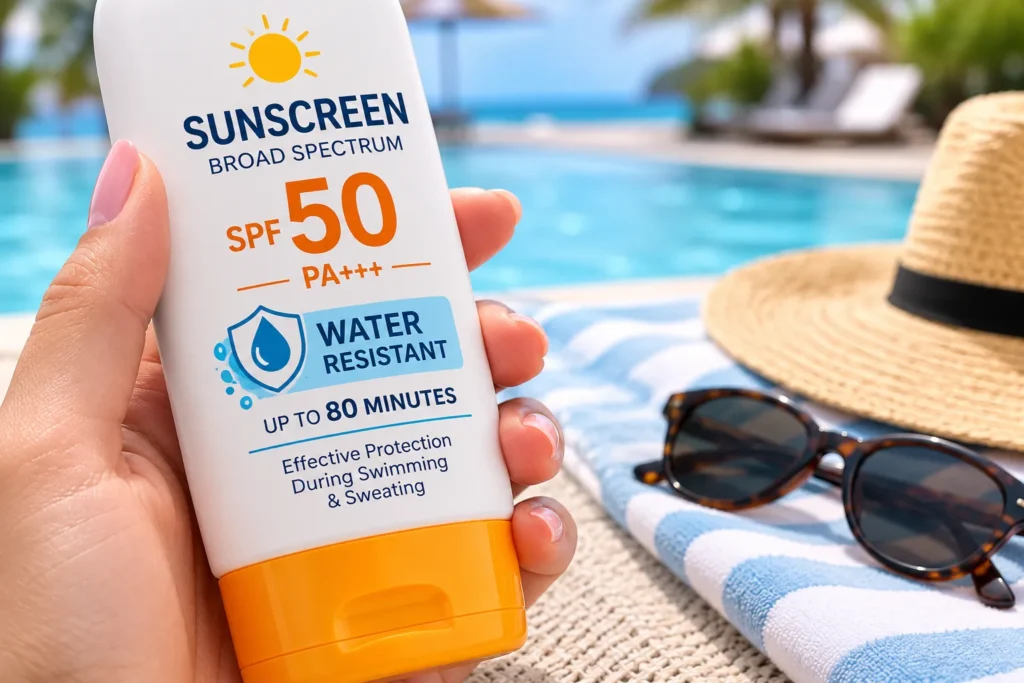 10 Kids Sunscreen Facts Every Parent Should Know 8 Water resistant sunscreen label close up on bottle by the pool"