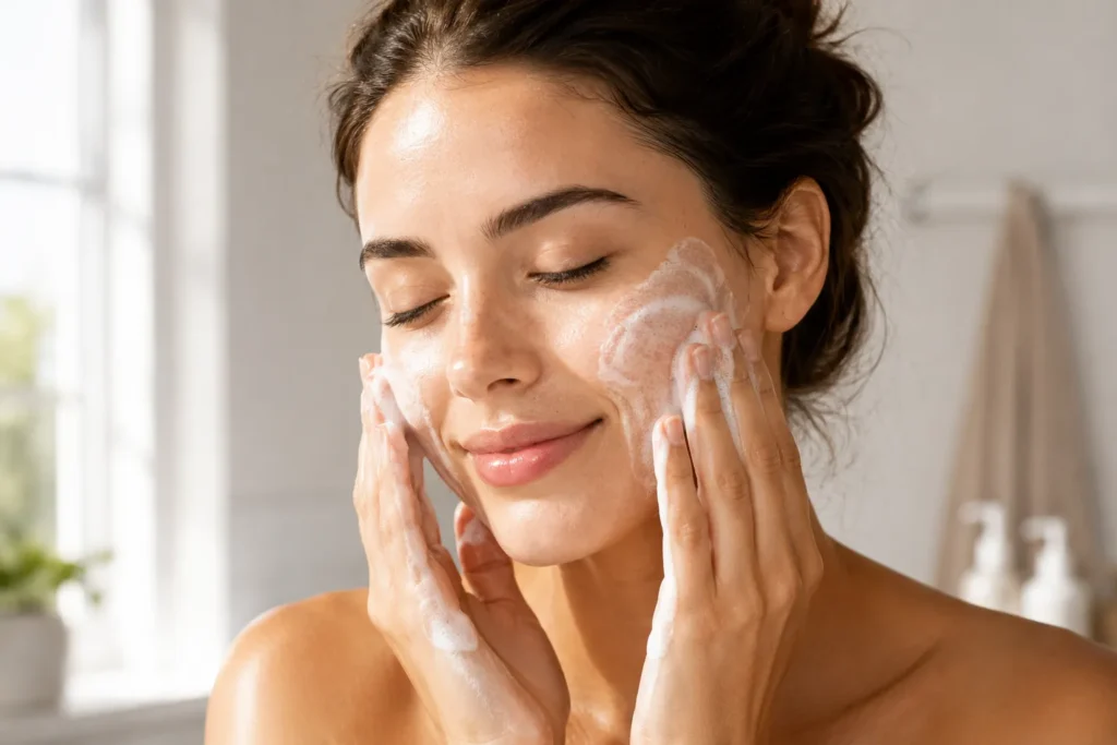 10 Daily Skin Care Habits for Beautiful Skin Every Day 2 Woman gently cleansing her face with hands in soft morning light
