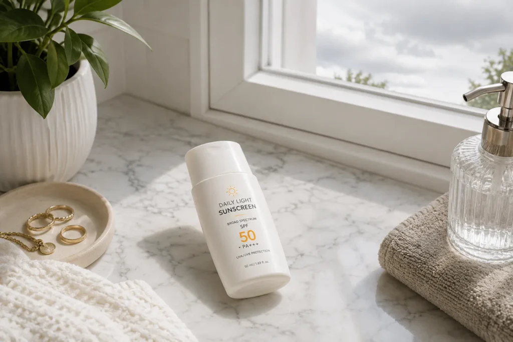 10 Daily Skin Care Habits for Beautiful Skin Every Day 4 Bottle of daily sunscreen on a bathroom counter near a window