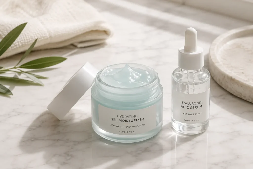 10 Daily Skin Care Habits for Beautiful Skin Every Day 6 Lightweight gel moisturizer jar on a marble bathroom counter