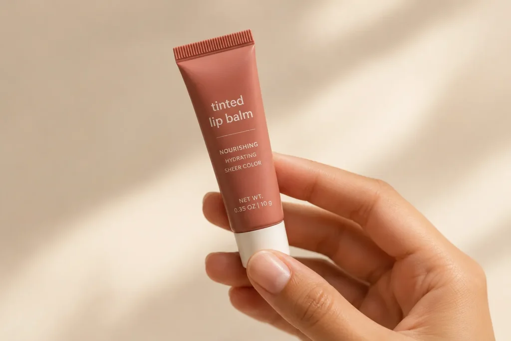 10 Daily Skin Care Habits for Beautiful Skin Every Day 8 Hand holding a tinted hydrating lip balm tube