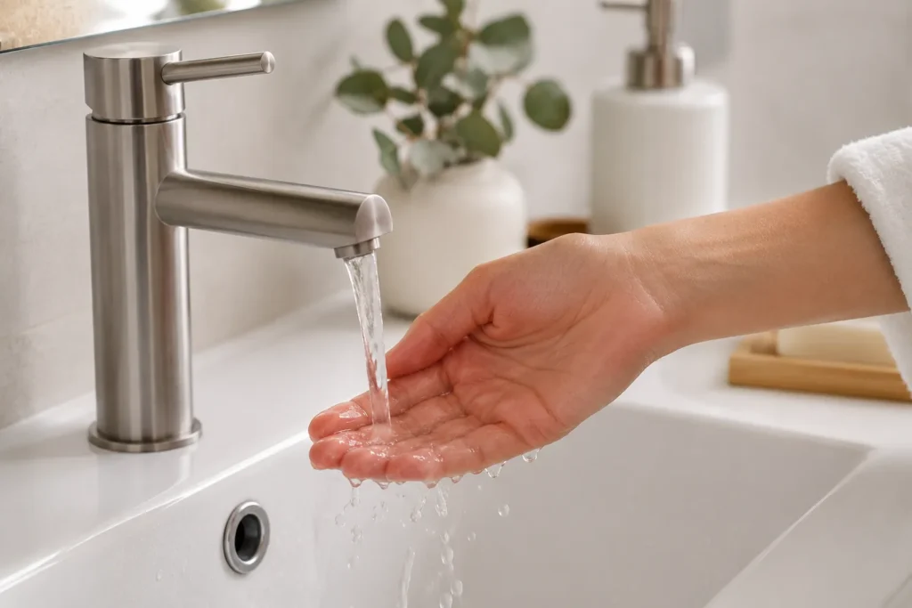 10 Daily Skin Care Habits for Beautiful Skin Every Day 10 Hand testing lukewarm water temperature under a bathroom faucet