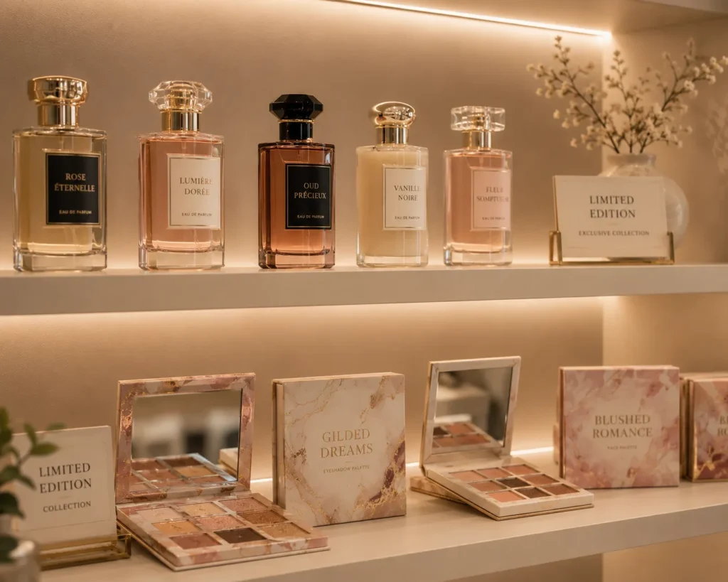 10 Beauty Business Ideas Perfect for Beauty Lovers 10 Neatly arranged shelf of limited edition perfume bottles and beauty palettes