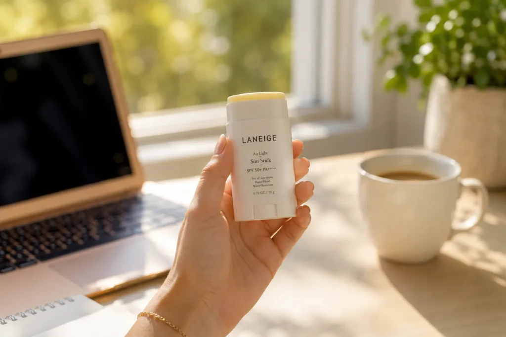 10 Sun Care Mistakes That Could Be Harming Your Skin 2 Woman holding a stick sunscreen near a sunny home office window