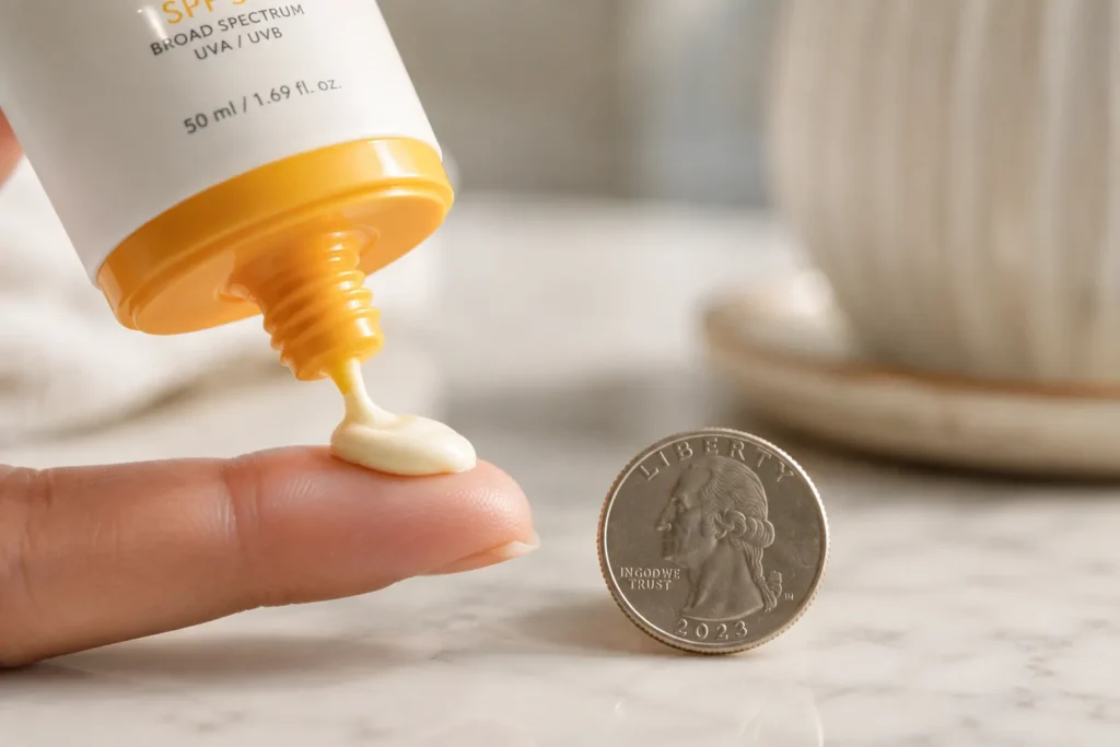 10 Sun Care Mistakes That Could Be Harming Your Skin 4 Sunscreen squeezed onto a fingertip next to a coin for size reference