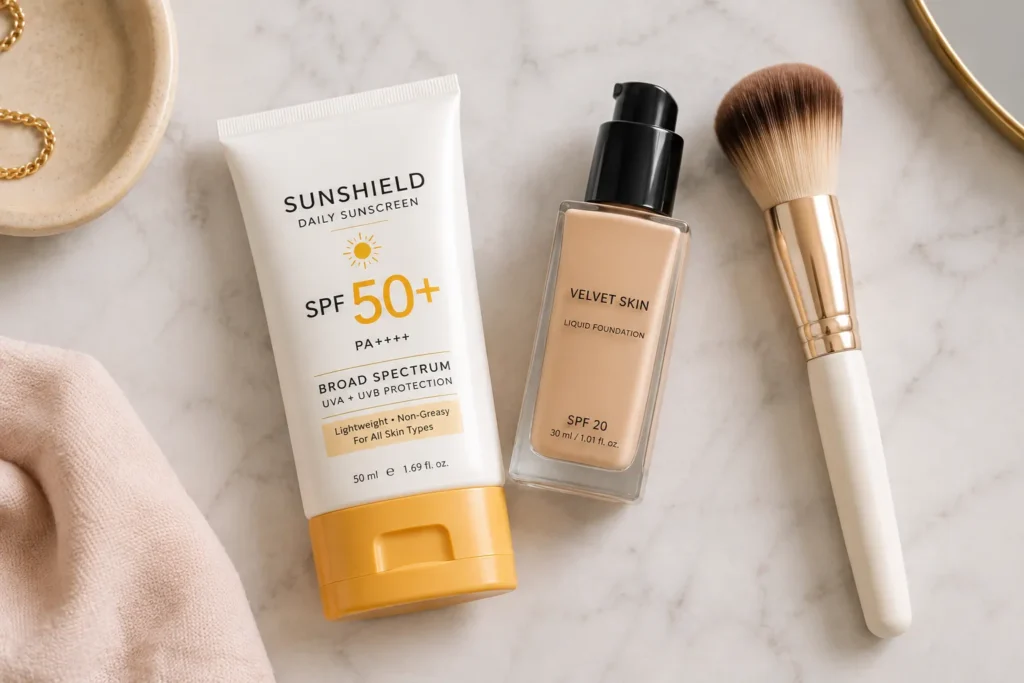 10 Sun Care Mistakes That Could Be Harming Your Skin 8 Flat lay of sunscreen, foundation, and a makeup brush on a vanity