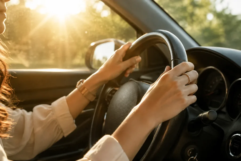 10 Sun Care Mistakes That Could Be Harming Your Skin 10 Sunlight streaming through a car window onto a driver's hands