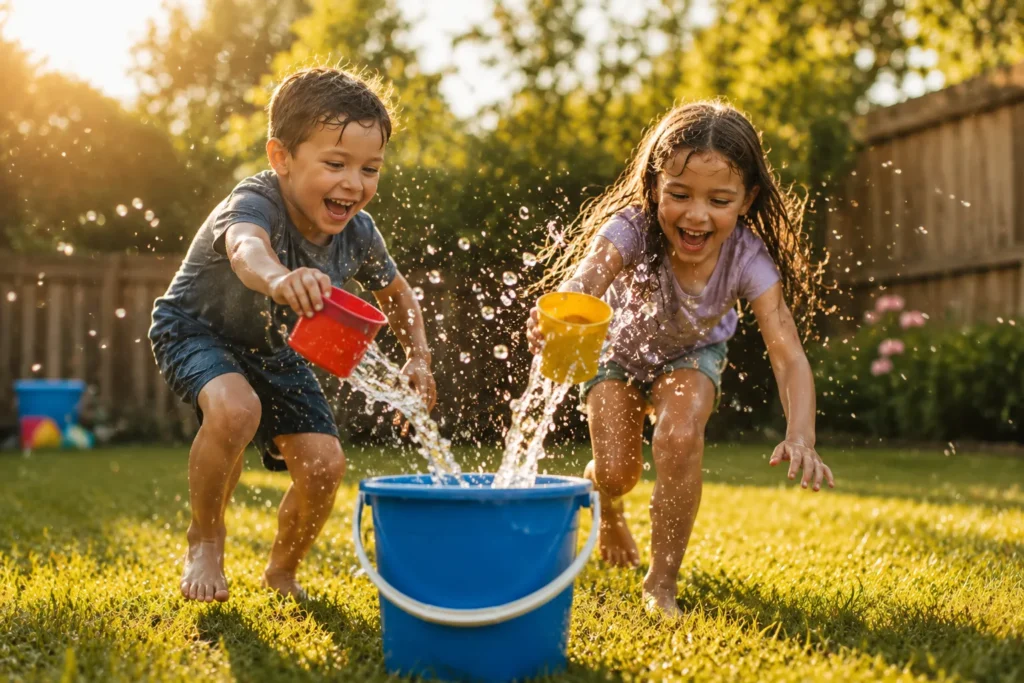 10 Summer Kids Activities for Screen-Free Family Fun 2 Kids racing to fill a bucket during a backyard water relay race