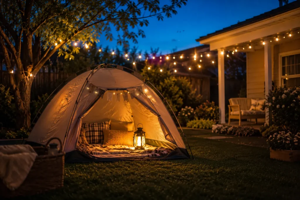 10 Summer Kids Activities for Screen-Free Family Fun 4 Small backyard camping tent lit up with a lantern at dusk