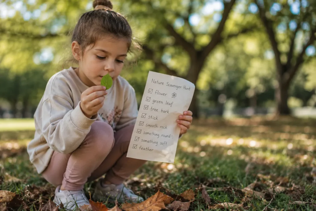 10 Summer Kids Activities for Screen-Free Family Fun 6 Child checking off items on a nature scavenger hunt list in a park