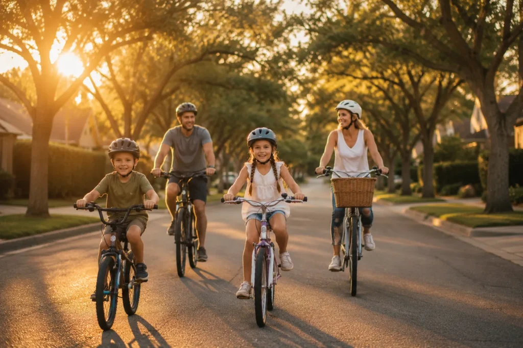 10 Summer Kids Activities for Screen-Free Family Fun 8 Family riding bikes together down a neighborhood street