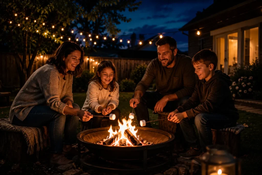 10 Summer Kids Activities for Screen-Free Family Fun 10 Family gathered around a backyard fire pit roasting marshmallows