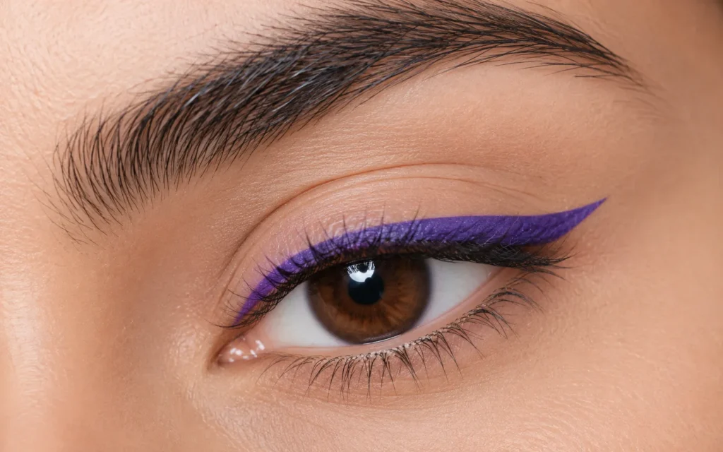 12 Ultra Violet Ideas That Look Bold and Beautiful 6 Thin ultra violet winged eyeliner on a minimal makeup eye