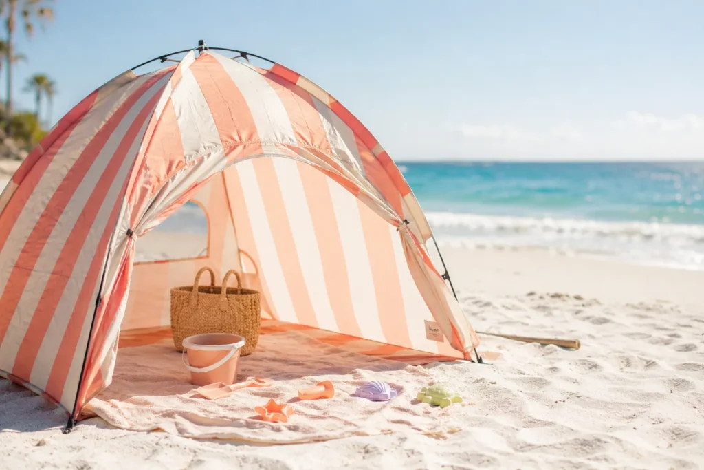 11 Beach Kids Ideas for a Perfect Family Beach Day 2 Pop up beach tent with a soft blanket inside and toddler toys nearby for shade setup