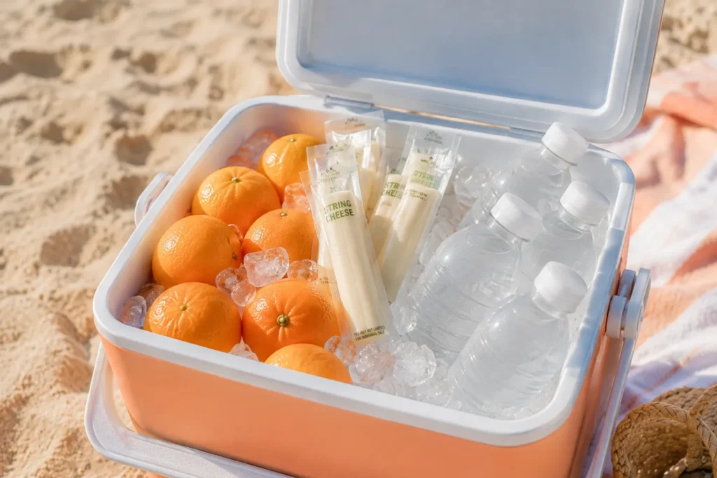 11 Beach Kids Ideas for a Perfect Family Beach Day 6 Small cooler with clementines, string cheese, and water for beach snacks