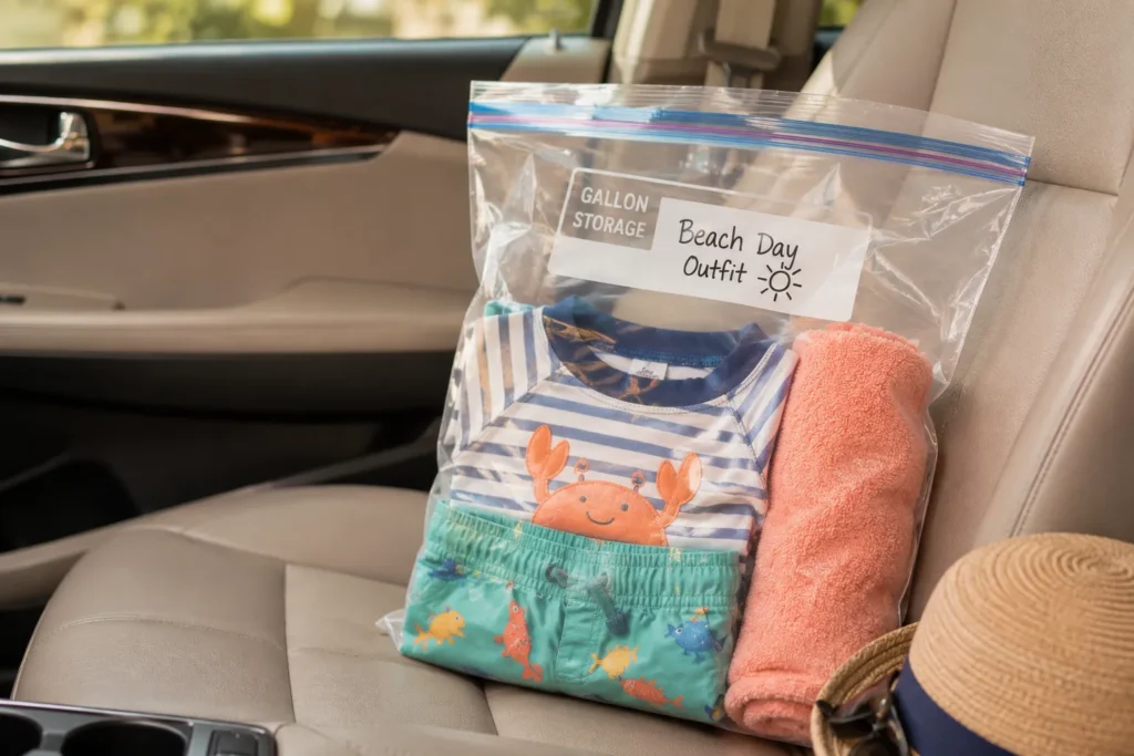 11 Beach Kids Ideas for a Perfect Family Beach Day 10 Gallon bag with dry clothes and towel for after-beach car ride