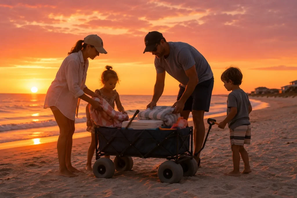11 Beach Kids Ideas for a Perfect Family Beach Day 12 Family packing a beach wagon at sunset after a beach day