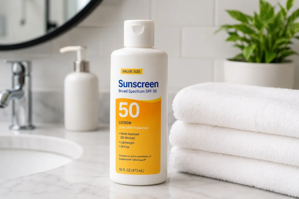 12 SPF 50 Sunscreens for Smooth and Protected Skin 8 Budget friendly drugstore SPF 50 sunscreen on bathroom counter