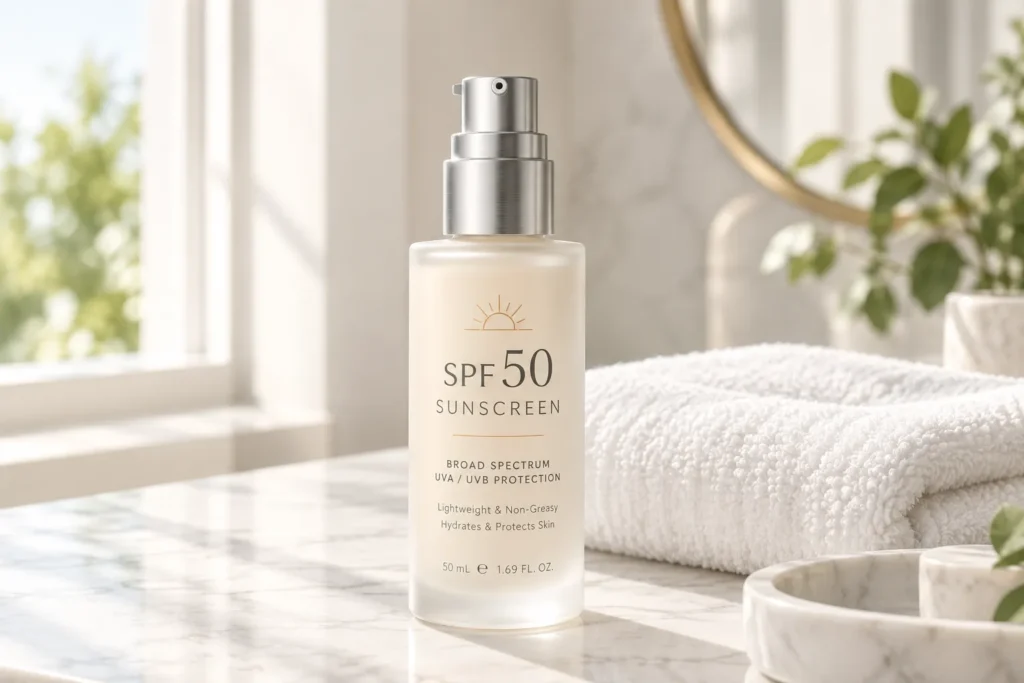 10 Sunscreen Packaging Designs You'll Want to Save 2 Frosted glass sunscreen bottle with pump top on bathroom counter