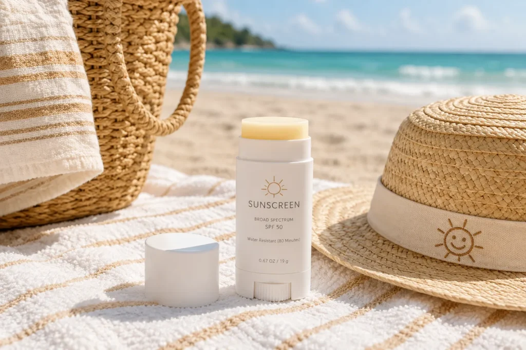 10 Sunscreen Packaging Designs You'll Want to Save 4 Twist up stick sunscreen next to kids beach bag