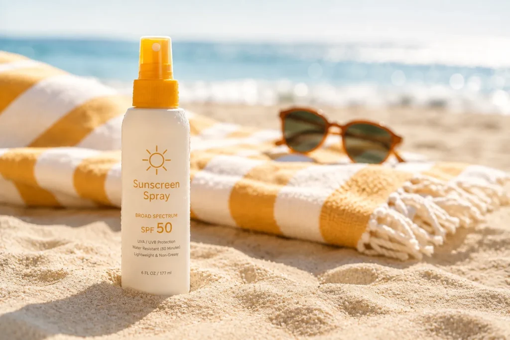 10 Sunscreen Packaging Designs You'll Want to Save 6 Spray sunscreen bottle standing in beach sand