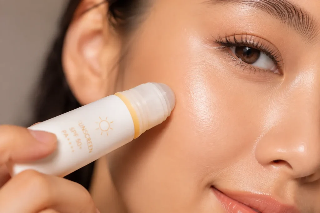 10 Sunscreen Packaging Designs You'll Want to Save 10 Roll on sunscreen applied to cheek close up