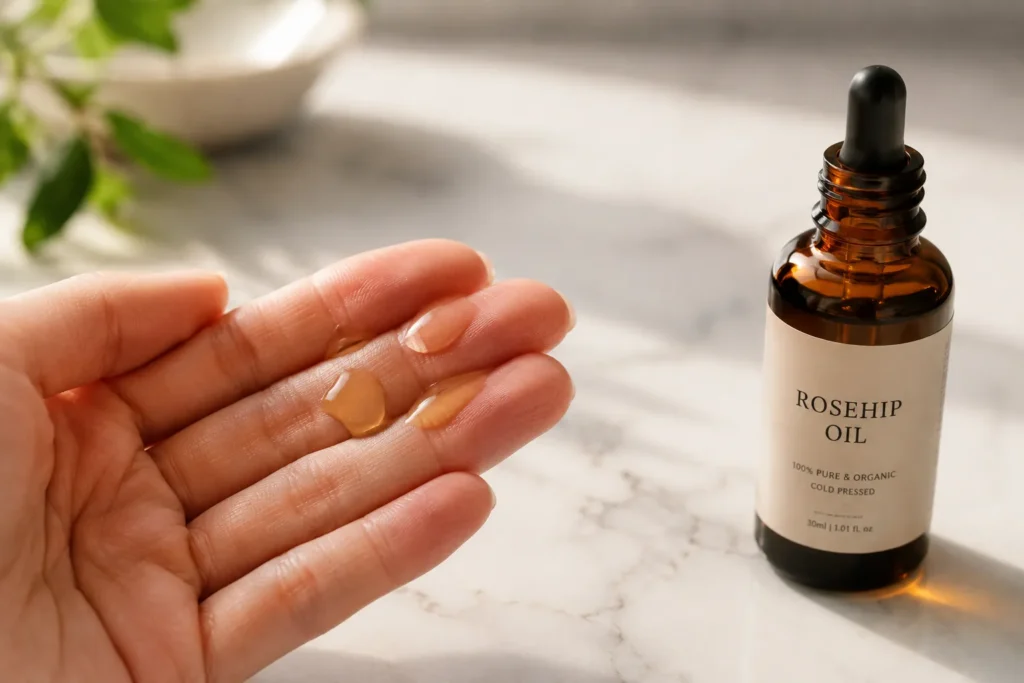 10 Rosehip Oil Uses for Clear, Soft and Radiant Skin 2 Rosehip oil dropper bottle with oil drops on fingertips in soft natural light