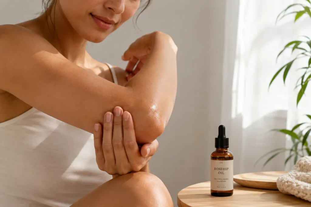 10 Rosehip Oil Uses for Clear, Soft and Radiant Skin 4 Applying rosehip oil to a dry elbow with a small glass bottle nearby