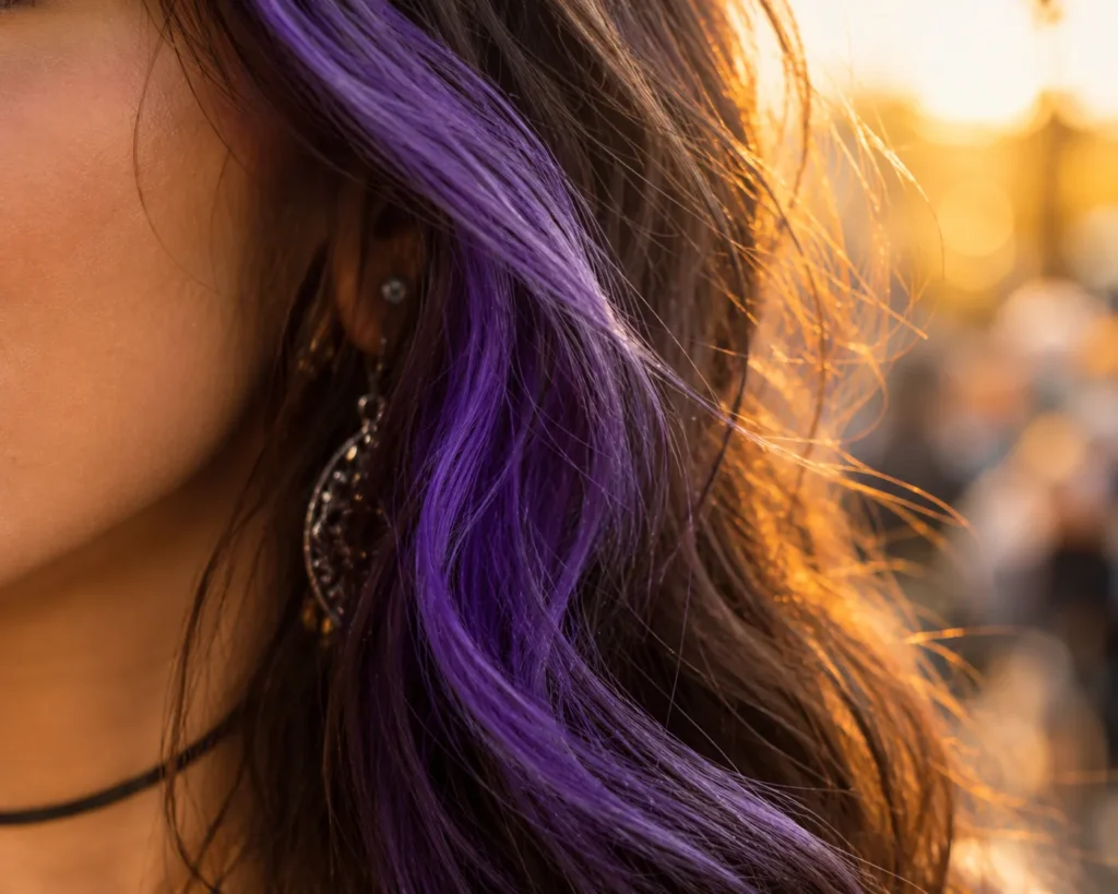 12 Ultra Violet Ideas That Look Bold and Beautiful 10 Hair section styled with temporary ultra violet hair chalk
