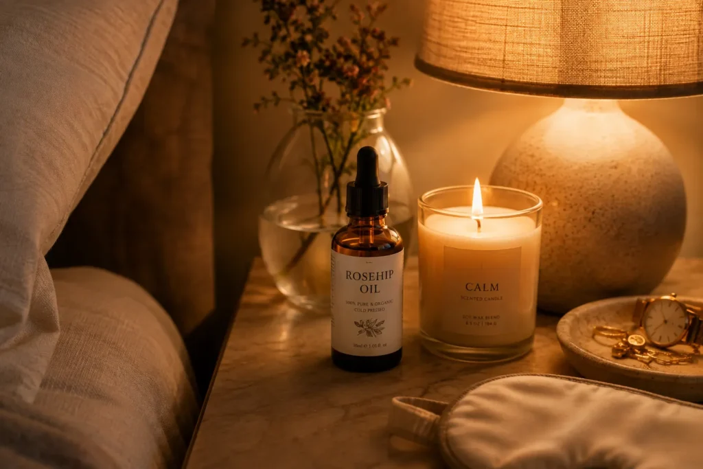 10 Rosehip Oil Uses for Clear, Soft and Radiant Skin 8 Bedside table with rosehip oil bottle and soft lamp light for a nighttime routine