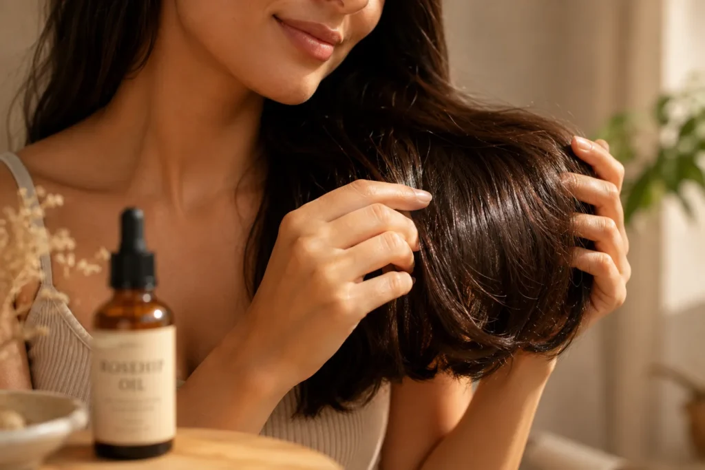10 Rosehip Oil Uses for Clear, Soft and Radiant Skin 10 Running fingers through soft, shiny hair ends after applying rosehip oil