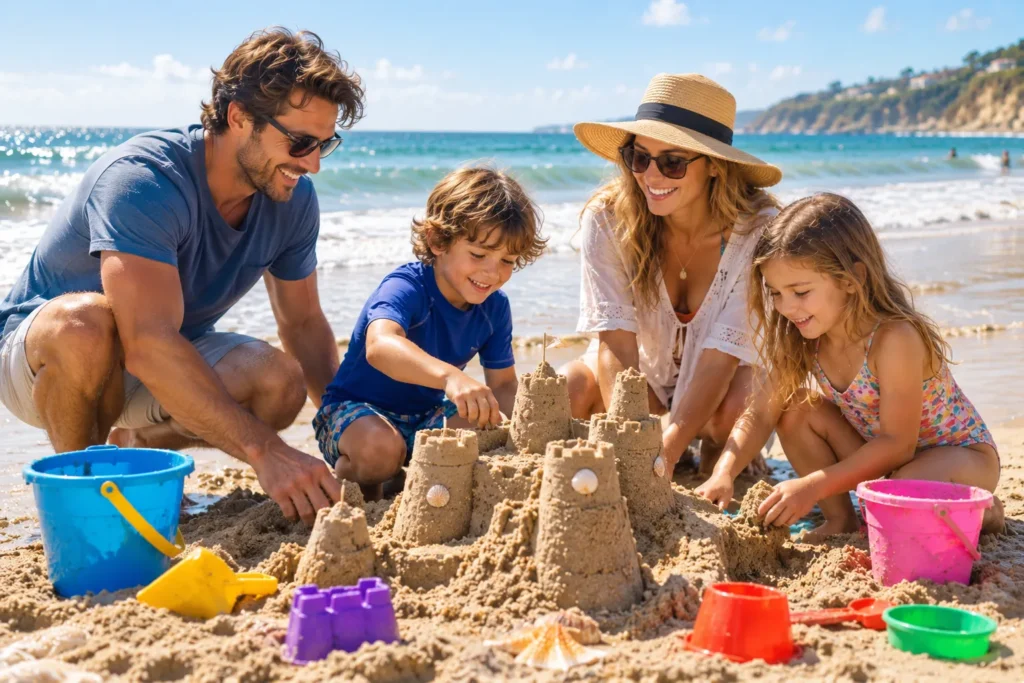 10 Beach Fun Must-Try Ideas for Endless Smiles 2 Family of four building a detailed sandcastle together near the shoreline on a sunny beach day"