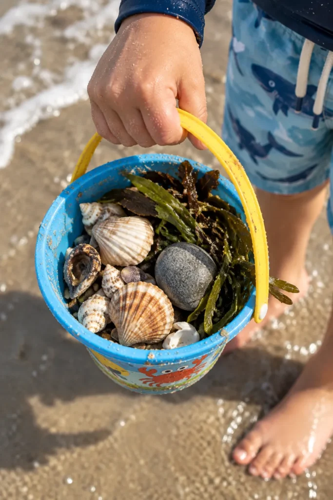10 Beach Fun Must-Try Ideas for Endless Smiles 4 Child holding a bucket of shells, rocks, and seaweed collected during a beach scavenger hunt"