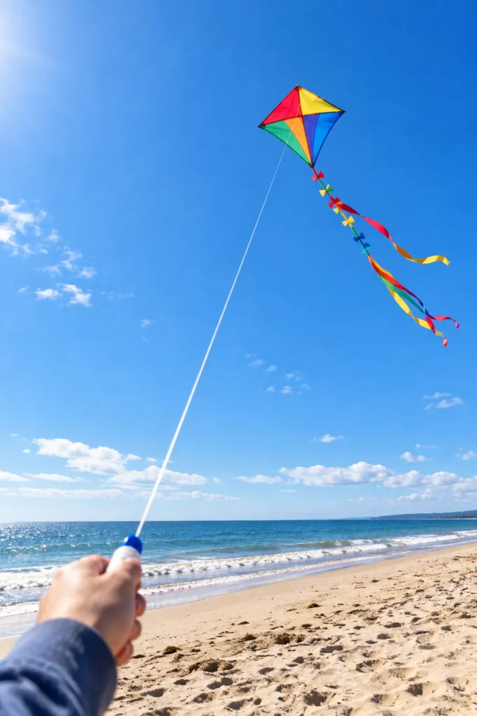 10 Beach Fun Must-Try Ideas for Endless Smiles 6 Colorful kite flying above a beach with the ocean in the background"