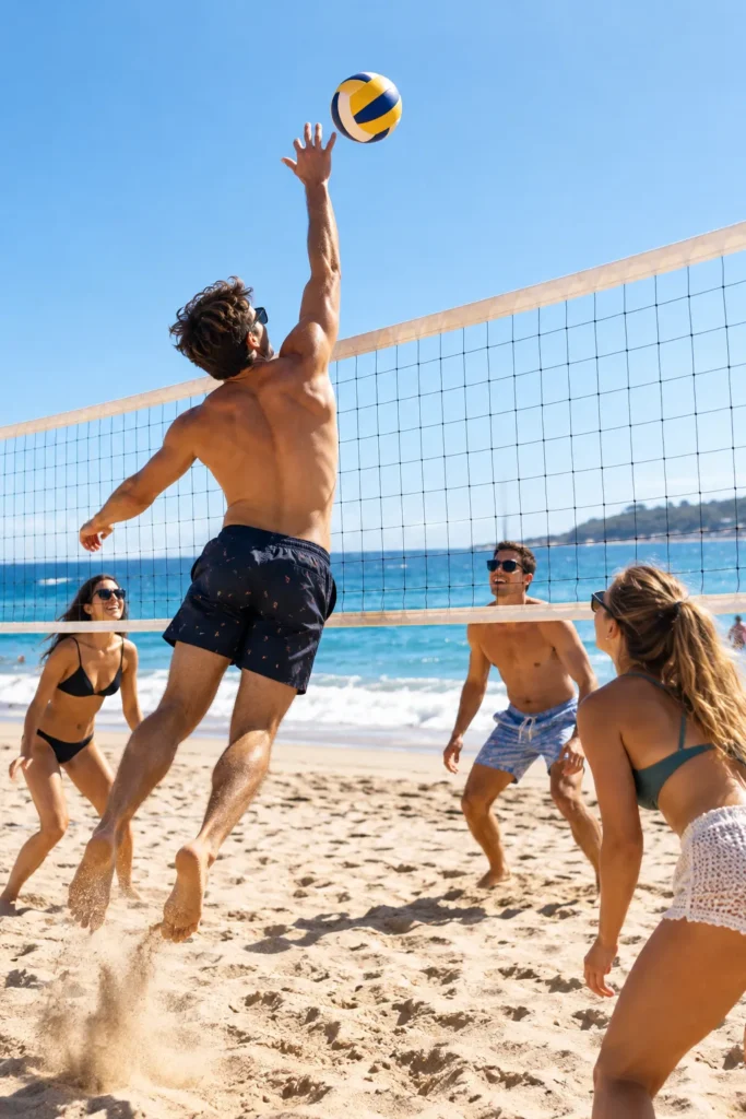 10 Beach Fun Must-Try Ideas for Endless Smiles 8 Group of friends playing beach volleyball on dry sand"