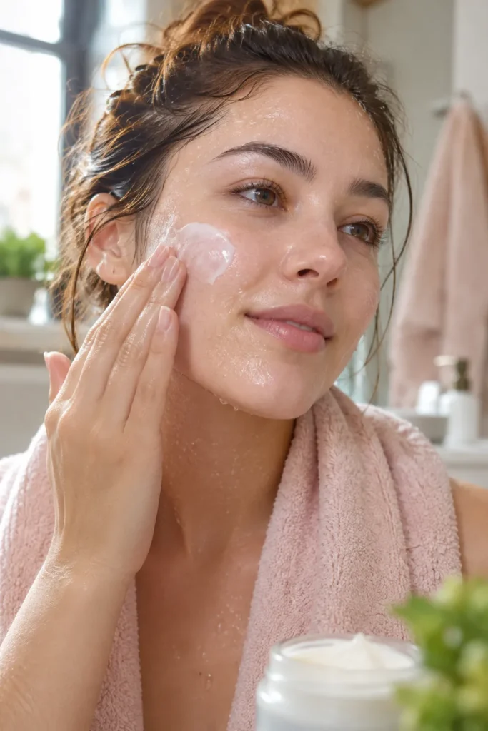 10 Facial Moisturizer Mistakes to Avoid Today 2 Woman applying moisturizer to damp skin right after washing her face