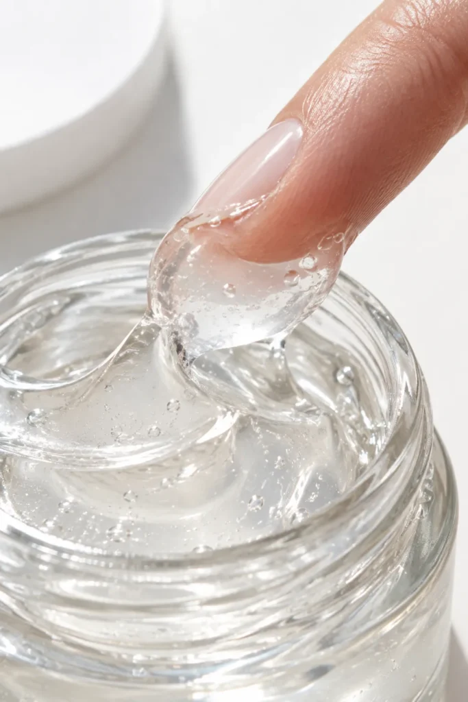 10 Facial Moisturizer Mistakes to Avoid Today 4 Close up of gel moisturizer texture being scooped onto a fingertip