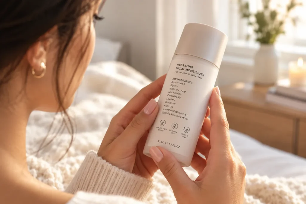10 Facial Moisturizer Mistakes to Avoid Today 8 Hand reading a moisturizer ingredient label before purchase