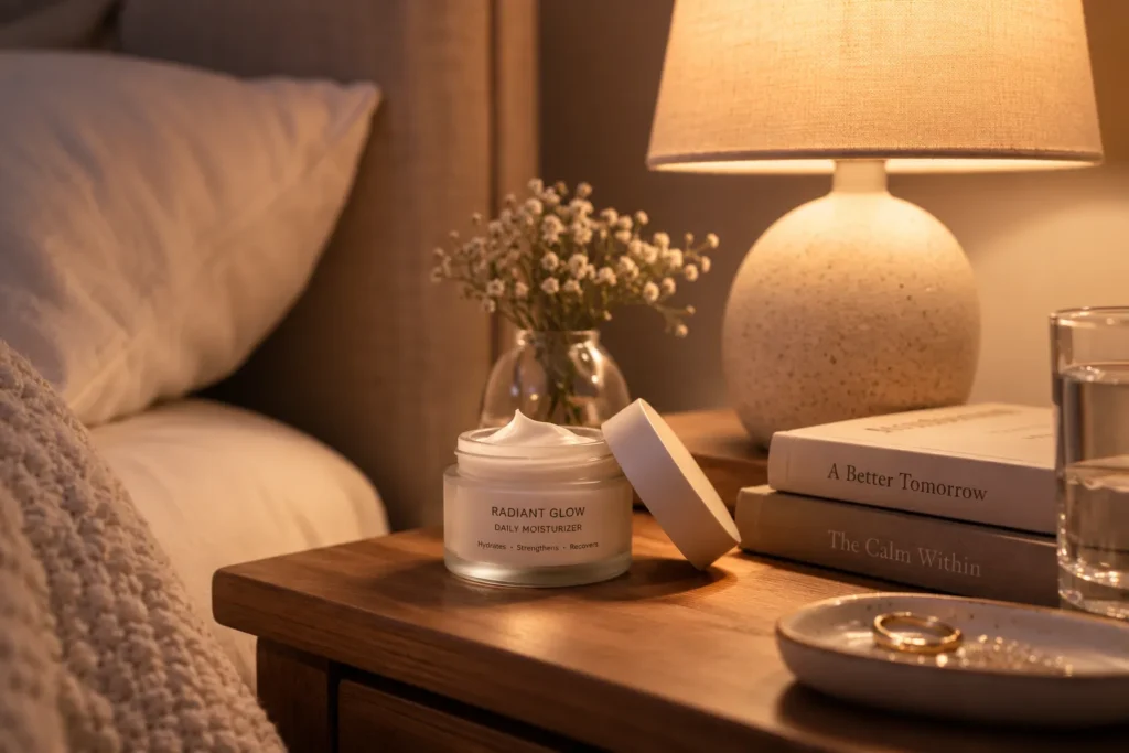 10 Facial Moisturizer Mistakes to Avoid Today 10 Nighttime skin care jar on a bedside table with soft lighting