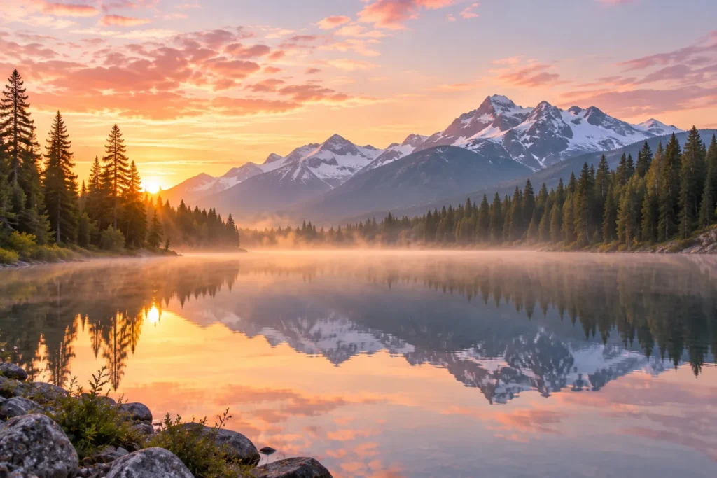 10 Nature Water Views That Feel Pure and Peaceful 3 Still mountain lake reflecting pine trees at sunrise