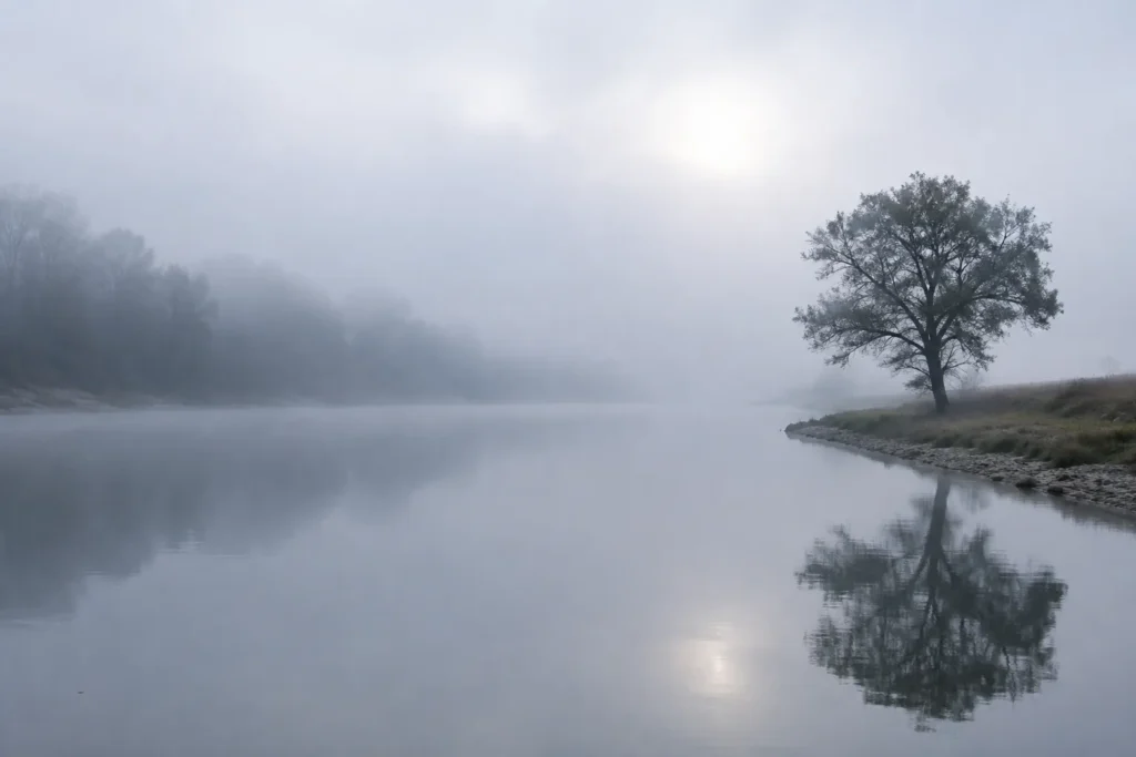 10 Nature Water Views That Feel Pure and Peaceful 7 River disappearing into morning fog with a lone tree