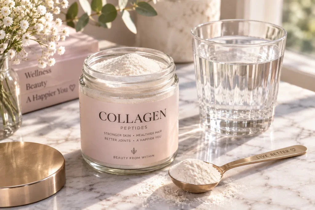 10 Collagen Supplements for Glowing Skin and Hair 2 Marine collagen powder in a glass jar with a spoon and water glass on marble counter